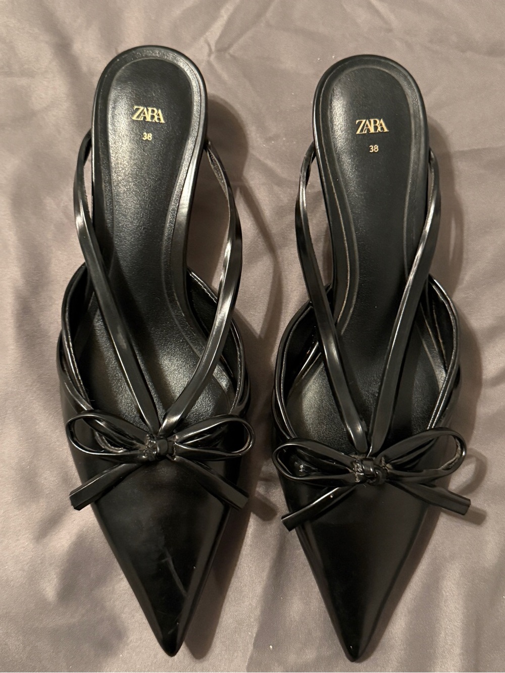 Zara Black Pointed Bow-Trim Slingback Mules